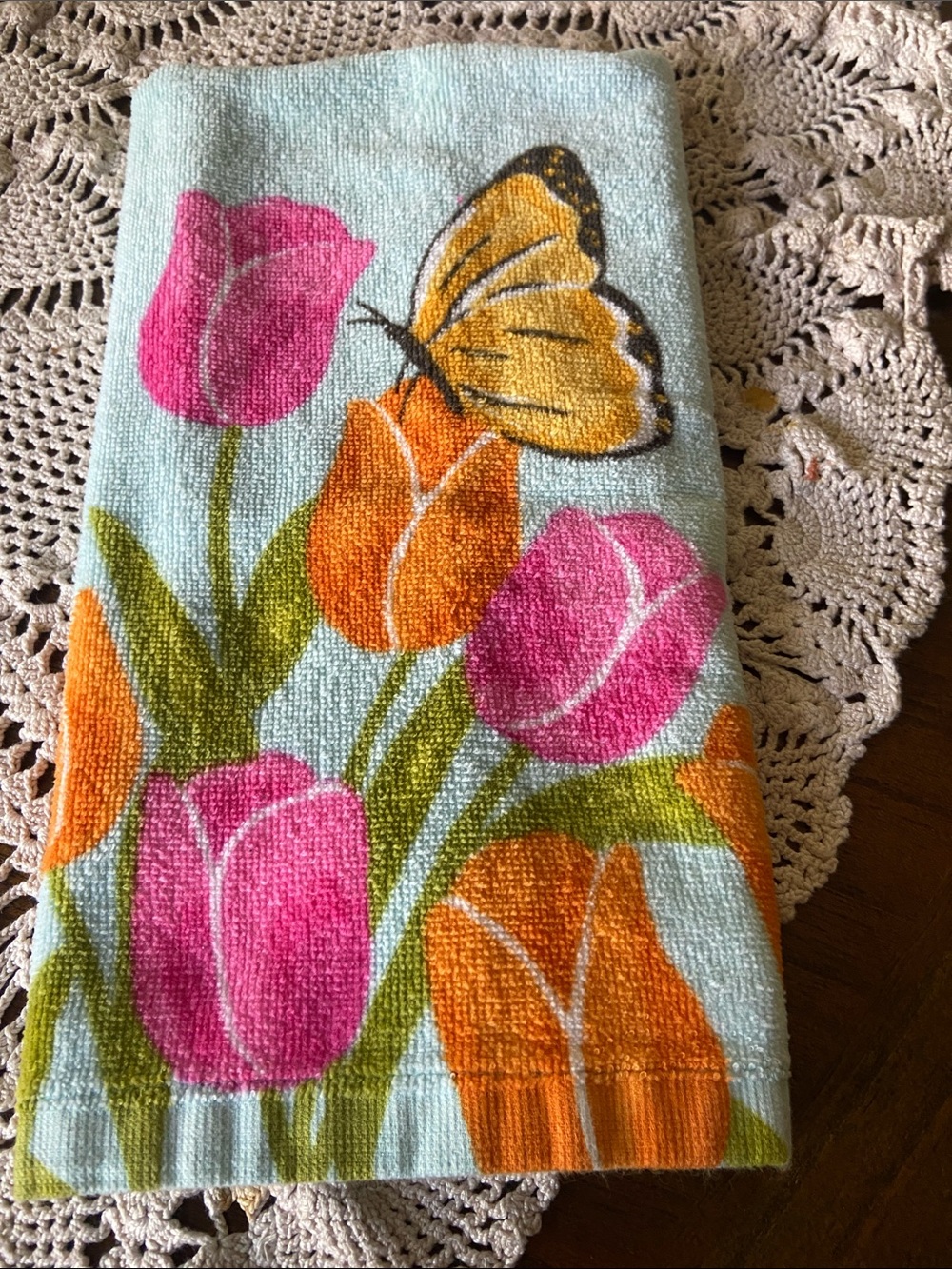 Ritz 100% cotton Floral Butterfly  Kitchen Towel - Pink & Orange